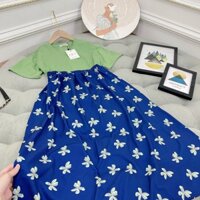 SET ÁO XANH BASIC MIX CHÂN VÁY HOA BƯỚM