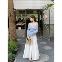 SET ÁO XANH BODY TRỄ VAI TAY DÀI CHOKER HOA CỔ + CHÂN VÁY MIDI TRẮNG XÒE (TH)