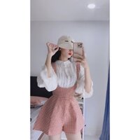 Sét áo xếp ly tay bèo kèm Jum 2 dây sọc caro dịu dàng nữ tính