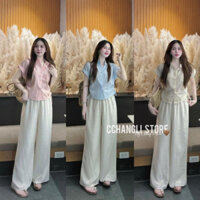 set ÁO XỐP NỮ cổ V sơ mi tay ngắn thanh lịch kèm quần dáng dài Đũi cao cấp