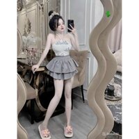 sét áo yếm babe kèm chân váy midi 2 tầng nữ pc
