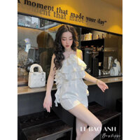 Set áo yếm bèo hoa hồng kèm quần short lưng cao, set bộ nữ