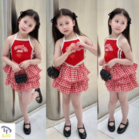 Set áo yếm buộc dây kèm chân váy caro 3 tầng kèm quần lo.t trong (Tặng quà cho bé ♥️)