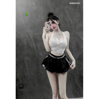 set áo yếm cài nút gân có mút kèm quần bí viền ren về 2 màu trắng, đen xinh lắm ạ alohastore1