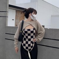 Set Áo Yếm Caro Vạt Chéo Kèm Áo Khoác Ngoài Form Body Chất Bozip Phong Cách Cá Tính