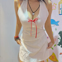 set áo yếm chân váy linen trắng nơ đỏ