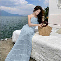 Set áo yếm+ chân váy maxi xanh Pastel, thiết kế xếp nhẹ nhàng |1388