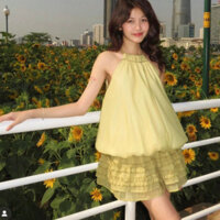 Sét áo yếm & chân váy xoè tầng 🔥voan tơ mềm🔥 xanh cốm rút eo túi bầu bí babydoll váy maxi đi biển đẹp rẻ