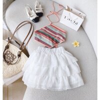 SET ÁO YẾM HỌA TIẾT THỔ CẨM CAM CROPTOP THẮT NƠ SAU LƯNG + CHÂN VÁY REN TẦNG BÈO TRẮNG LƯNG THUN ĐI BIỂN (TH)