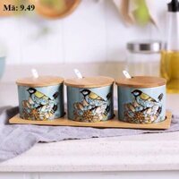Set ba hũ gia vị nắp trúc khay trúc 9.49