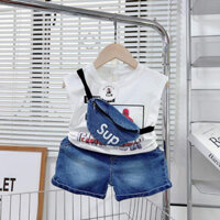 Set ba lỗ trắng quần jean phong cách cho bé trai