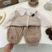 SÉT BA MẢNH CHO BÉ GÁI PHỐI QUẦN DÀI CHẤM BI ĐEN NÂU