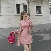 Set ba món váy túi hộp áo ba sát nách áo khoác caro dài tay