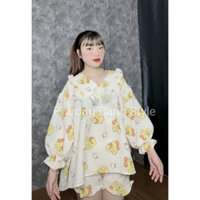 Sét baby doll tay dài phồng phối bèo cổ tim dáng siêu rộng phong cách dễ thương