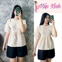 Set babydoll hoa nhí bigsize 70-90kg, áo babydoll tay phồng che khuyết điểm bụng và bắp tay, set hè dễ thương thoáng mát