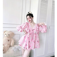 Set babydoll hoạt hình dễ thương áo babydoll đũi xốp dài tay (kèm quần) đồ bộ mặc nhà form rộng cute.