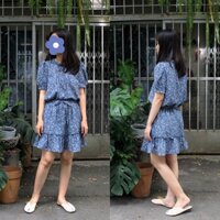 Set Ban - Set quần váy ngắn xòe và áo kiểunữ cổ bèo tay phồng chất liệu xô muslin họa tiết hoa dễ thương - Lerther