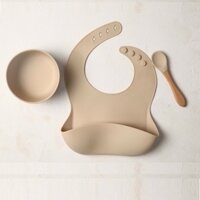 Set bát chén muỗng và yếm Silicon xuất hàn đế hít chống đổ tiện lợi chống thấm nước cho bé ăn dặm