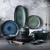 Set bát đĩa gốm sứ cao cấp màu xanh ngọċ mix xanh dương, phong cách Vintage - R0016 (mua lẻ theo nhu cầu)