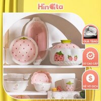 Set bát đĩa sứ dâu tây HINATA bộ chén dĩa bát ăn cơm đĩa sứ bát ô tô đựng canh cute chịu lực, chịu nhiệt -Bảo hành 1-1