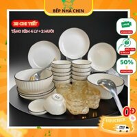 Set Bát Đĩa Sứ Trắng Viền Đen 25 Chi Tiết Tặng Kèm 1 Bộ 4 Cốc Thủy Tinh 160ml Có Quai Cầm 2 Muôi Canh Inox M150