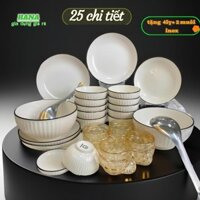 Set Bát Đĩa Sứ Trắng Viền Đen 25 Chi Tiết Tặng Kèm 1 Bộ 4 Cốc Thủy Tinh 160ml Có Quai Cầm 2 Muôi Canh Inox M150