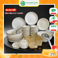 Set Bát Đĩa Sứ Trắng Viền Đen 25 Chi Tiết Tặng Kèm 1 Bộ 4 Cốc Thủy Tinh 160ml Có Quai Cầm 2 Muôi Canh Inox M150