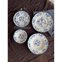 Set bát đĩa tách trà gốm sứ hoa văn trung cổ vintage tone xanh dương mix xanh mint (hàng xuất dư & không restock)