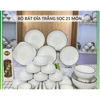 Sét bát đĩa tô sứ chén trắng viền đen cao cấp sét 21 chi tiết đẹp sang xịn mịn