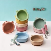 Set Bát Gấu Silicon Và Set Thìa Dĩa Inox 304 Cho Bé Tập Ăn Dặm Phong Cách Hàn Quốc