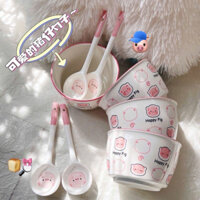 Set bát thìa sứ dễ thương, dụng cụ nhà bếp (1 set 2 bát 2 thìa)