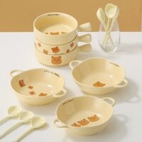 Set bát tô gấu nâu có quai bằng gốm sứ men kem xinh xịn ăn ngon