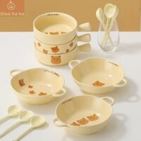 Set bát tô gấu nâu có quai bằng gốm sứ men kem xinh xịn ăn ngon, Bát đĩa bằng chất liệu gốm sứ cao cấp