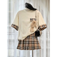 Set bbr đính gấu áo thun phối caro chân váy xếp ly trẻ trung dễ thương cho bạn gái dưới 55kg