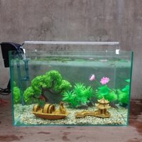 Set bể cá 50 cm với 9 món (bể, sỏi nền, lọc, cây nhựa (bonsai uốn cong, đế giả gỗ, hoa sen), 2 pk sứ to, chưa có đèn led)