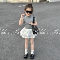 Set bé gái áo sát nách-chân váy xếp ly