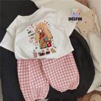 Sét bé gái áo thun Ngắn Tay quần Dài caro Bí in hình họa tiết Delfinkid , sét dài bé gái từ 10-30kg