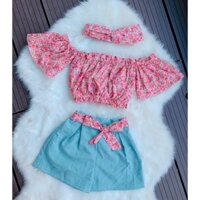 Set bé gái💕💕 Áo trễ vai hoa nhí và quần thắt nơ