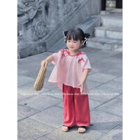 [SET BÉ GÁI] Bộ áo hồng đính nơ quần lụa hồng xinh xắn đón Trung Thu cho bé gái (10-30kg)