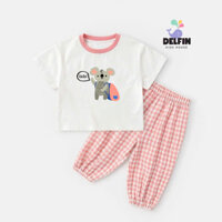 Sét bé gái đi học, đi chơi quần dài Caro Bí mix áo thun ngắn tay in hình xinh Delfinkids, sét bé gái từ 10-30kg