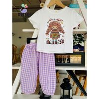 Sét bé gái đi học quần dài caro Bí áo thun ngắn tay in hình hoạt hình Delfinkid House, sét bé gái cotton từ 10-30kg