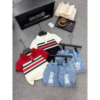 Set bé trai 10-30kg Set áo cổ trụ đỏ trắng phối màu mix quần bò đùi Xkids cho bé trai