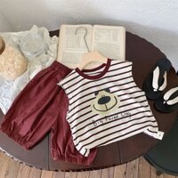 Sét bé trai áo ba lỗ sọc in hình gấu quần thụn dài