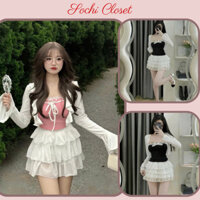 Set Bèo Tiểu Thư 3 Món Áo Khoác Cadigan + Áo Quây Cúp Ngực Viền Nơ + Chân Váy Ren Bèo Tầng Sang Chảnh.