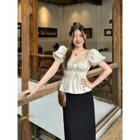 Set Bigsize Áo Kiểu Cổ Vuông Tay Bồng Nhún Bèo Cách Điệu Kèm Chân Váy Đen Dài Tiểu Thư SYN BIGSIZE