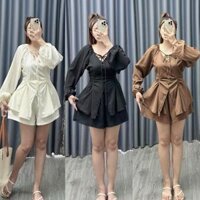 Set Bigsize nữ áo dáng tiểu thư kiểu tay dài vạt xòe xẻ nhún eo kèm quần đùi lưng chun chất vải đũi xốp- SET91