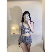 SET BIKIBI, ĐỒ BƠI ĐI BIỂN HAI MẢNH ÁO THẮT CHÉO CỘT DÂY LƯNG QUẦN DÁNG BÈO HỌA TIẾT CARO SIÊU HOT MANILA 690