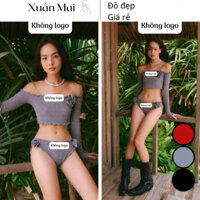 Set bikini 2 món Cazi (không logo) đồ bơi swimsuit đồ đi biển áo croptop trễ vai tay dài chip biên 3 hoa màu đỏ đen xám