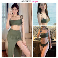 Set bikini 3 mảnh xanh rêu váy dài xẻ đùi siêu xinh, Đồ bơi xanh rêu sang chảnh - Bk040