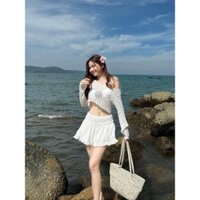 Sét bikini 4M, sét áo ren hoa dập nổi tay dài bẹt vai kèm áo bra đính hoa ( có mút ) quần bikini rời phối chân váy ngoài